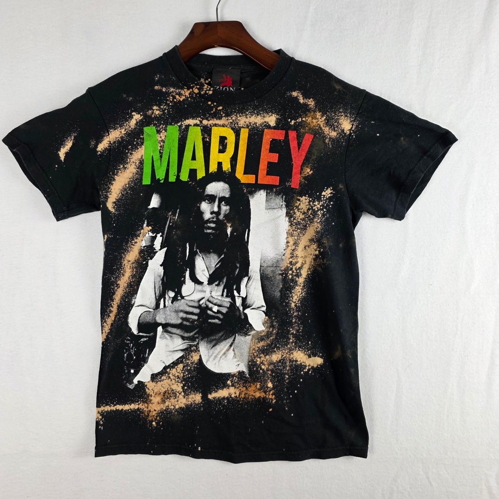 Zion Rootswear Men's Black Bob Marley Bleach Splatter Graphic T-Shirt Size S